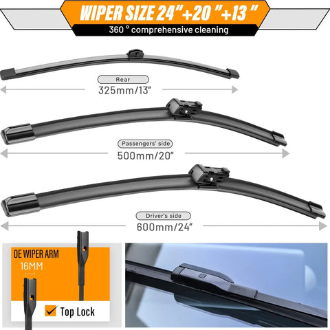 24 Inch And 20 Inch Front Windshield Wiper Blades With 13 Inch Rear For Audi Q5 2009 2017 SQ5 2014 2017 RS Q3 2019 2024 Replacement Pack