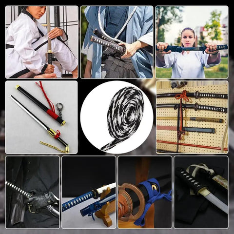 Collage of katana swords with Marine Blue Ito Sageo Wrapping Cord 5m 0.43 Inch Wide Silk Cotton Blend in various settings.