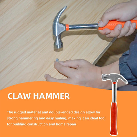 Person using claw hammer with orange TPR handle from 20 Piece Orange Home Tool Set With Ergonomic TPR Handles, Durable Chrome Plated Tools For DIY Home Repairs And Outdoor Projects, Includes Portable Storage Box, Perfect For DIYers Men Women And College Students
