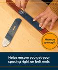 Blue Belt End Acrylic Leather Templates Set Of 2 For Precise Strap Layout And Hole Punching 1 Inch Hole Spacing For Belts Bags And More Buckle End Fold Over Template For Leather Craft being used on a leather strap.