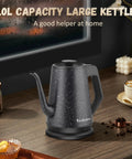 Electric Kettle With 1L Capacity And Gooseneck Spout, 1000W Quick Boil In 3 Minutes, 304 Stainless Steel Tea And Pour Over Coffee Kettle For Office Travel Kitchen, Auto Shut Off, BPA Free, Black Star Design on a wooden table