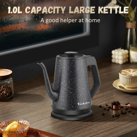 Electric Kettle With 1L Capacity And Gooseneck Spout, 1000W Quick Boil In 3 Minutes, 304 Stainless Steel Tea And Pour Over Coffee Kettle For Office Travel Kitchen, Auto Shut Off, BPA Free, Black Star Design on a wooden table