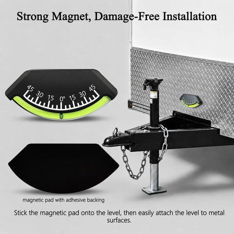 Stick On RV Level With Magnetic Adhesive For Campers And Trailers, attached to trailer with magnetic backing pad visible