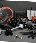 Beefed Up Off Road Ball Joint Kit For ATVs With Adjustable Suspension And Tapered Tie Rods displayed with automotive parts