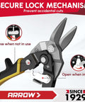 Close-up of Left Straight Right Tin Snips Set 8 Inch for metal cutting with secure lock mechanism and ergonomic handle.