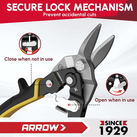 Close-up of Left Straight Right Tin Snips Set 8 Inch for metal cutting with secure lock mechanism and ergonomic handle.