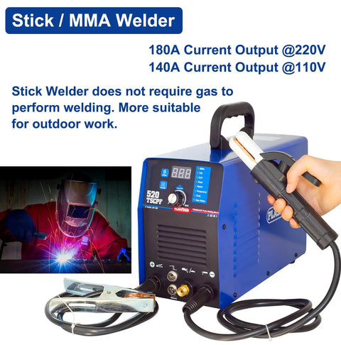 3 In 1 Plasma Cutter And TIG Welder With Pulse Stick, 520TSCPF Combo unit, digital panel, cables, and stick welding setup.