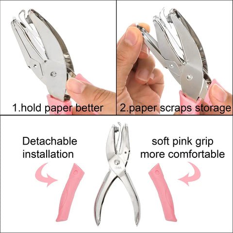 Five Pack Handheld Hole Punch Set With Metal Punches in pink grips shown with comfort features and paper holding, scrap storage functions.