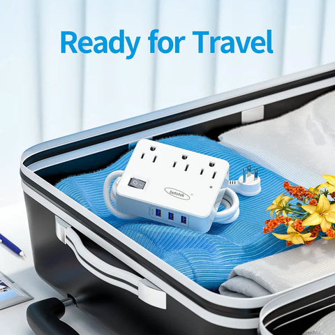 Flat Plug Power Strip With 3 Outlets And 3 USB Ports, 4 Ft Desk Charging Station in suitcase, ready for travel use