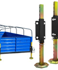 Keep Your Rig Rock Solid With Boss Grade Telescoping Stabilizer Jacks 2500 Lb Capacity Adjusts Two To Eighteen Inches Fits Farm Utility Horse And Car Haulers Includes Durable Screw Or Weld Mount Kit with blue trailer and jacks.