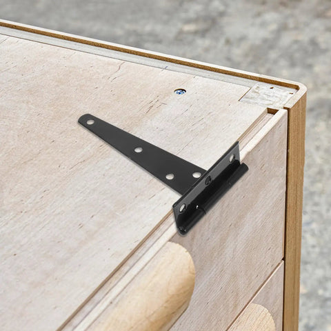 Heavy Duty T Shaped Door Hinges Set Of 10 Carbon Steel Cabinet Hinges for home use on wooden surface, black finish, installed