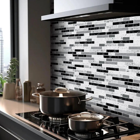 Kitchen with Self Adhesive Peel And Stick Kitchen Backsplash Tiles Gray 12x12 In 10 Sheets Vinyl Decorative Tile Panels shown behind stove