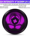 Close-up of 10W UltraBright 365nm UV Flashlight Black Light Mini USB Rechargeable Ultraviolet Spotlight lens glowing purple