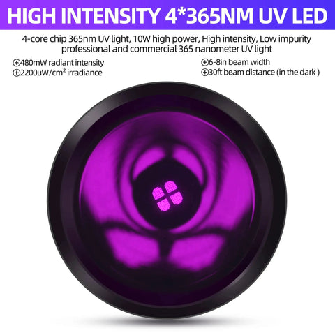 Close-up of 10W UltraBright 365nm UV Flashlight Black Light Mini USB Rechargeable Ultraviolet Spotlight lens glowing purple