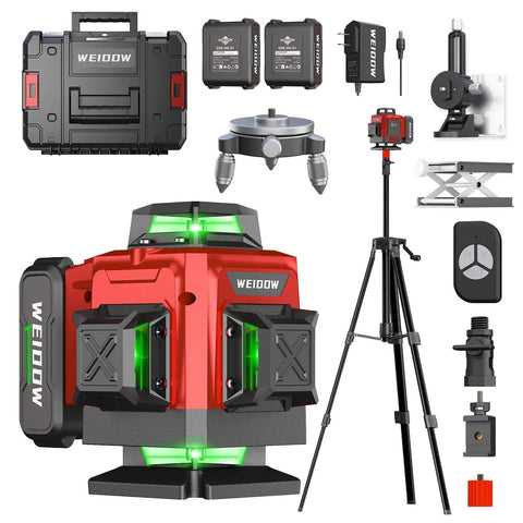 Self Leveling Laser Level With Tripod, 4x360 Green Line Laser, 4D Leveler Tool with tripod, remote, and two lithium batteries