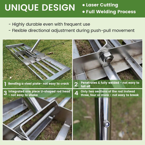 Stainless Steel Lawn Leveling Rake With 72 Inch Two Section Handle Heavy Duty Top Dressing Tool showcasing design details.