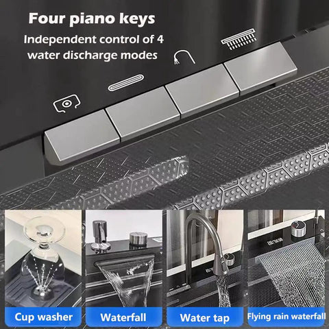 Stainless Steel 304 Kitchen Sink with Removable Faucet 75x46x22cm Double Design showing four water mode controls.