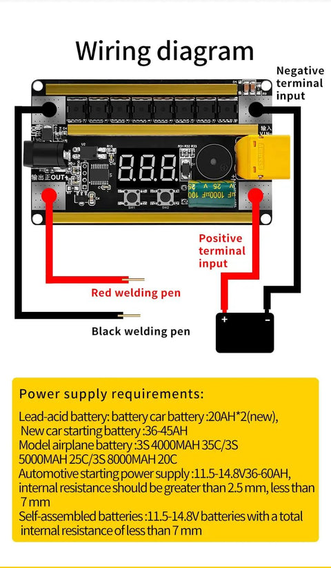 Wiring diagram for Handheld 12V Spot Welder Control Board Kit With 99 Power Levels And 2400A Peak Output DIY PCB Circuit
