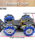 4WD mecanum wheel Arduino chassis dimensions: 10.23 inches long, 6.3 inches wide, 3 inches high, weight 745g.