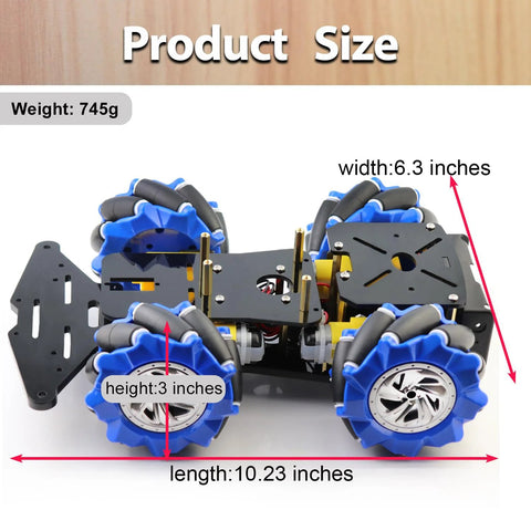 4WD mecanum wheel Arduino chassis dimensions: 10.23 inches long, 6.3 inches wide, 3 inches high, weight 745g.