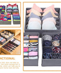 4 Piece Foldable Fabric Drawer Organizer Set For Socks And Underwear Storage Using A Nifty Layout To Keep Your Closet Clean Maximize Dresser Space While Delivering Zero Extra Stress Overall, showing organized socks and bras.