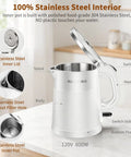 Grab And Go Travel Ready Electric Kettle 0.8L, Ultra Portable Double Wall Stainless Steel Boiler with 304 Food Grade Seamless Inner Tank