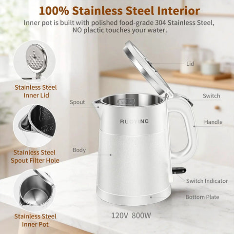 Grab And Go Travel Ready Electric Kettle 0.8L, Ultra Portable Double Wall Stainless Steel Boiler with 304 Food Grade Seamless Inner Tank