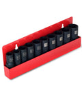 One Half Inch Drive Deep Impact Grade Thin Wall Socket Set With Wall Mount Storage Includes 14mm 17mm 19mm 21mm 22mm 13/16 Inch 7/8 Inch 15/16 Inch 1 Inch And 1-1/16 Inch Durable Chromoly Steel in red storage.