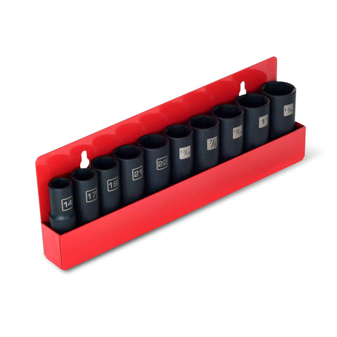 One Half Inch Drive Deep Impact Grade Thin Wall Socket Set With Wall Mount Storage Includes 14mm 17mm 19mm 21mm 22mm 13/16 Inch 7/8 Inch 15/16 Inch 1 Inch And 1-1/16 Inch Durable Chromoly Steel in red storage.