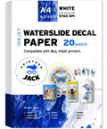 White Inkjet Water Slide Paper For DIY Transfers, 20 A4 Sheets, Premium Water Slide Transfer Paper For Tumblers Mugs Glasses, Printable Decals With High Definition Printing Up To 5760 DPI package showing product details.