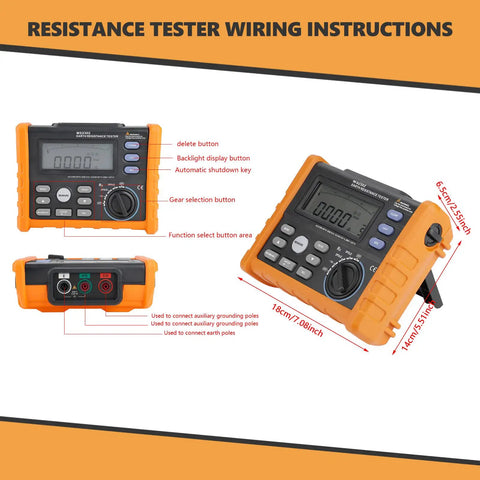 Digital Ground Earth Tester Meter 0 To 4K Ohm Insulation Tester Multimeter with LCD backlight display and wiring instructions.