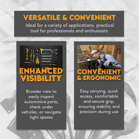 Infographic highlighting features of Telescoping 33 Inch Rectangular Inspection Mirror, enhanced visibility, ergonomic design.