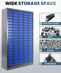 Built Like A Tank Heavy Duty 100 Drawer Parts Cabinet Steel Bolt Organizer with multiple blue drawers for organization.