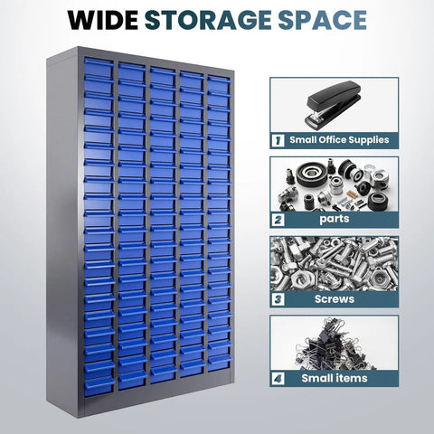 Built Like A Tank Heavy Duty 100 Drawer Parts Cabinet Steel Bolt Organizer with multiple blue drawers for organization.