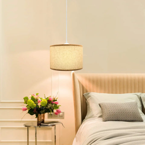 Set Of 2 Linen Drum Lamp Shades For Table And Floor Lamps, 13 Inch Diameter, 9 Inch High, Fits E26/E27 Socket in a cozy bedroom
