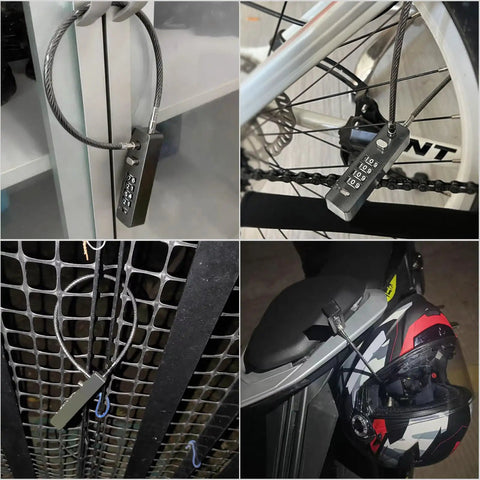 Collage of 23.6 Inch Steel Cable Lock With Protective PVC Coating securing locker, bike, gate, and helmet.