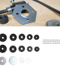 3D Printed Carbon Steel Dimple Die Set for Sheet Metal with Dies and Steel Backing Plates on workbench