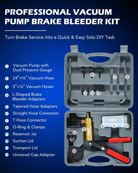 DIY Brake Bleeder Kit With Hand Vacuum Pump And Adapters, Universal Tool For Bleeding Brakes shown in organized case with components