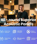 Man in home studio with White Pyramid Acoustic Foam Panels Fifty Pack Peel And Stick Sound Dampeners for noise control.