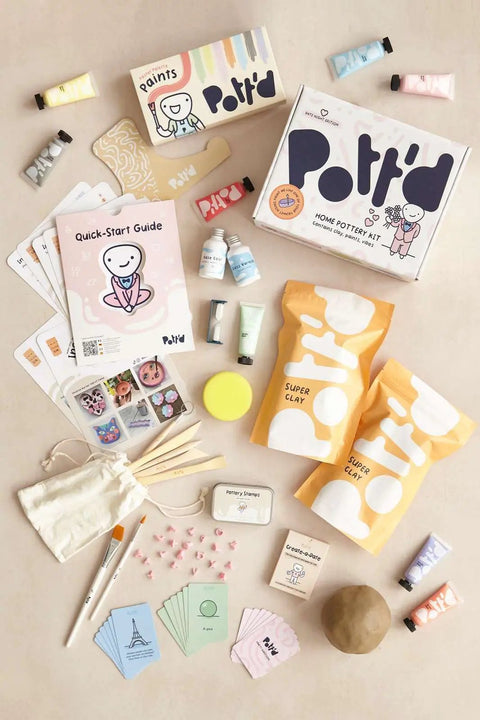 Date Night Special Edition Air Dry Clay Kit For Adults With Tools Paints Brushes Sealant And How To Guides Beginner Friendly DIY Pottery Kit For Home Craft And Relaxing Creative Sessions displayed with all contents.