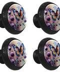 Four Pack Butterfly And Thistle Crystal Glass Kitchen Cabinet Knobs with mushroom shape, 1.37in diameter, clear glass with black bases.