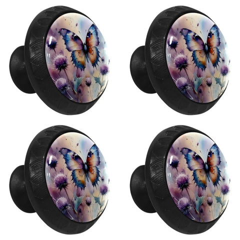 Four Pack Butterfly And Thistle Crystal Glass Kitchen Cabinet Knobs with mushroom shape, 1.37in diameter, clear glass with black bases.