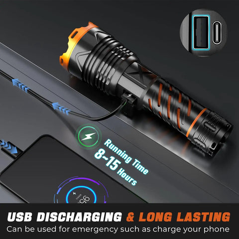 Beast Mode Ultra Bright LED Flashlight 100000 Lumens Rechargeable 50W Beam with USB-C charging, showing 8-15 hours runtime.