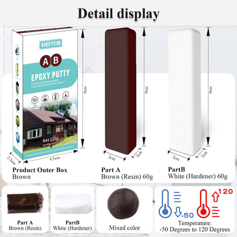 Image showing Two Part Epoxy Putty 120g Fast Repair for Wood, Metal, Stone, Plastic, Ceramic, Glass and More with packaging and components.