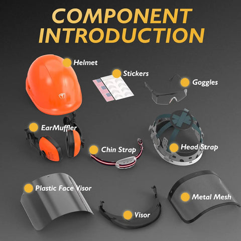 Components of 5 In 1 Chainsaw Helmet With Face Shield Ear Muffs Anti Fog Goggles And Mesh Shield For Forestry Pros ANSI Z89.1