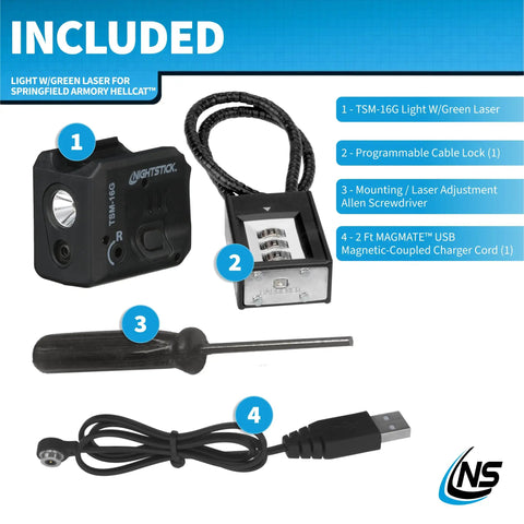 150 Lumen Rechargeable Tactical Light With Green Laser Sight For Springfield Hellcat Pistols IPX4 Water Resistant Ambidextrous Dual Side Toggle Mount On Picatinny Rails For Fast Targeting And Beast Mode Draw with accessories including lock, USB cord, and screwdriver.