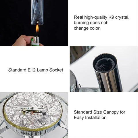 Components of Lit 13 Inch Chrome Flush Mount Crystal Ceiling Light With 3 K9 Crystals Modern Chandelier, including K9 crystal, E12 socket, and canopy.