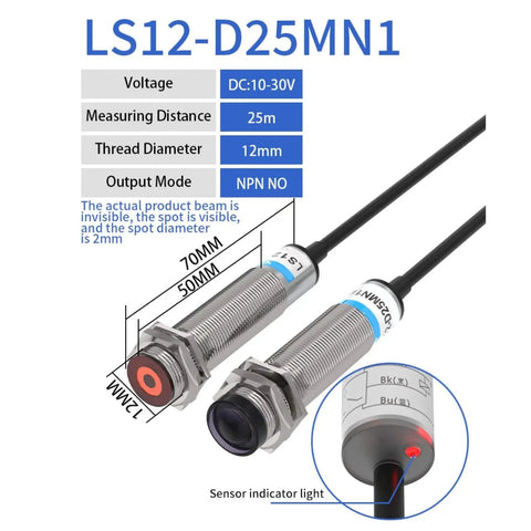Laser Photoelectric Sensor Through Beam M12 Series 10 To 30V Dual NPN PNP Output With Visible Spot 25M metal housing
