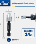 Keyless Mini Drill Chuck Adapter With One Quarter Inch Hex Shank And Quick Swap Rig For Cordless Drivers, side view with dimensions.