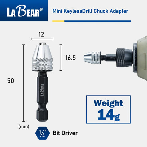 Keyless Mini Drill Chuck Adapter With One Quarter Inch Hex Shank And Quick Swap Rig For Cordless Drivers, side view with dimensions.